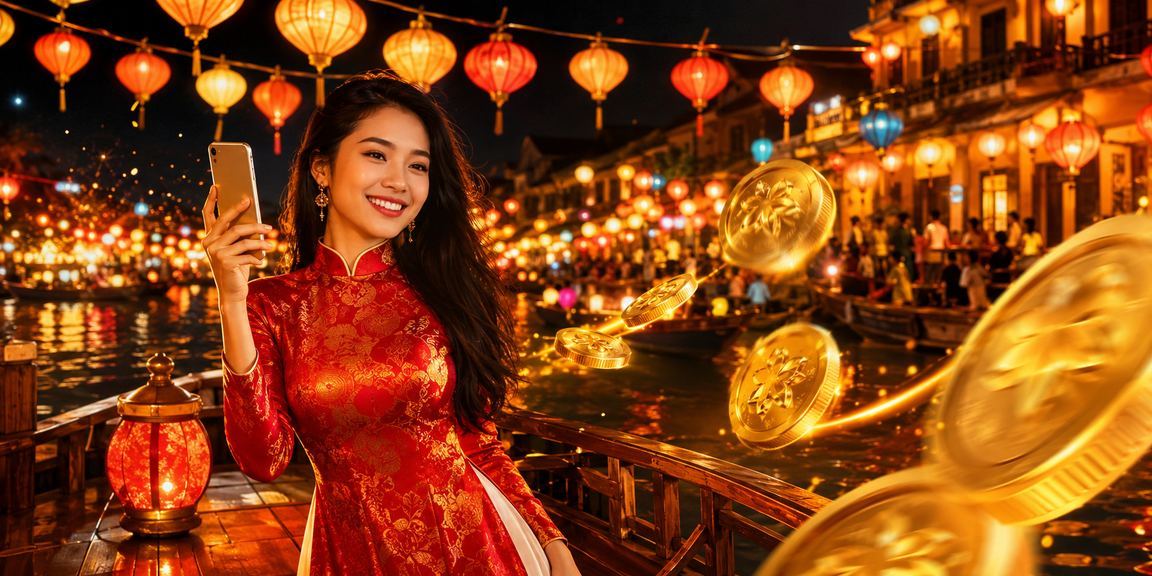 Người phụ nữ mặc áo dài tại Hội An sử dụng ứng dụng mobile casino